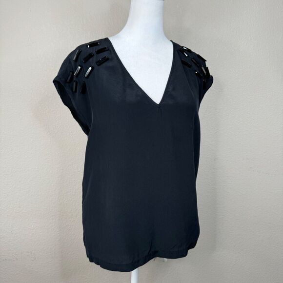 Maje Blouse Black Beaded Shoulder V-Neck Top Whimsygoth Lightweight‎ - Picture 1 of 11